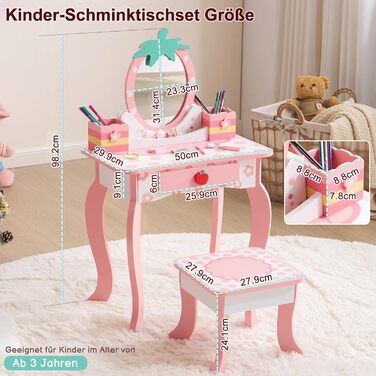 Дитячий туалетний столик LEADZM з пуфом для дівчаток, з шухлядою та двома 180° відкидними дзеркалами, для дітей 3-9 років (білий та рожевий)