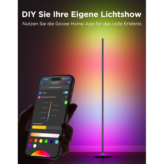 Govee RGBIC LED Торшер WiFi, Димування, Alexa/Matter, 16 млн кольорів, 85 режимів, Музичний режим, DIY, Чорний
