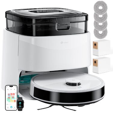 Робот-пилосос LEFANT M3 з функцією миття підлоги, 12000 Па потужність всмоктування, автоматичне док-станція, до 220 хвилин роботи, малювання плану прибирання, заборонені зони, уникнення перешкод, LiDAR навігація, підйом мопа, білий
