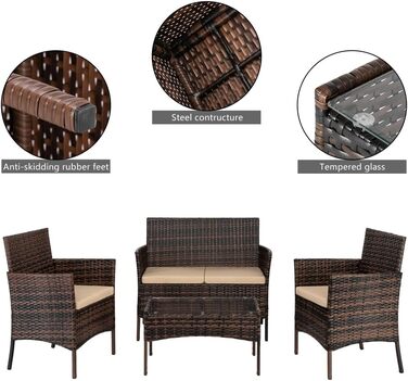 Набір садових меблів Leadzm: комплект для балкона, тераси або саду. Полирожний ротанг, стійкий до погодних умов та UV-захистом. Комплект включає: диван на 2 особи, 2 крісла, місця для 4 осіб. Колір: коричневий.