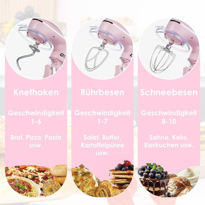 Кухонна машина Kitchen in the box рожевого кольору 6 л з 2 чашами по 3,5 л, 10 швидкостей, міксер з гаками та вінчиками