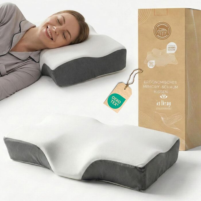 Ортопедична подушка для шиї sei Design з memory foam – підтримка шиї, Oeko-Tex®, охолоджуючий чохол з Lyocell, для тих, хто спить на спині та на боці (Relax Flow)