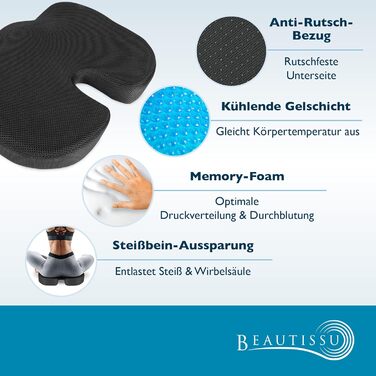 Подушка для сидіння Beautissu BeauErgo GS Memory Foam з гелевим наповнювачем - ергономічна підставка для автомобіля та офісного крісла, з ефектом охолодження