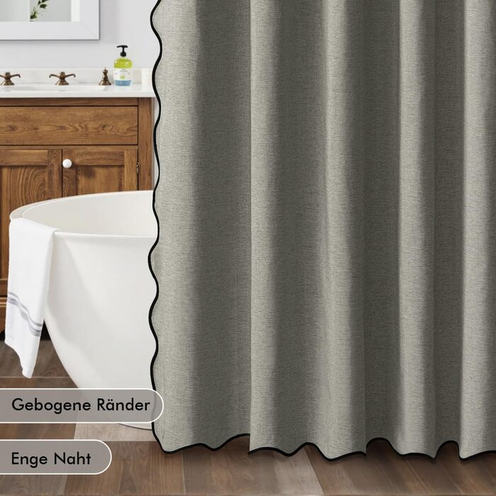 Шторка для душу MIULEE 120x200 см, льонова текстура, з чорною окантовкою, готельний стиль, водонепроникна, антигрибкова, тканинна, з 8-ма кільцями, сіра