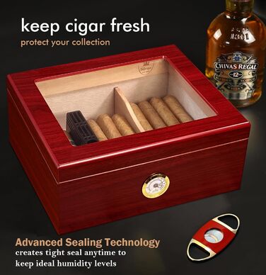 Вологостійкий вологомір для сигар, Humidor з іспанської кедру, коробка для сигар на 30-50 штук, аксесуар для чоловіків, подарунок (червоний)