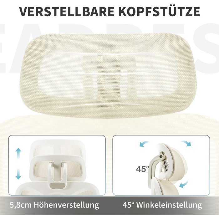 Ергономічне крісло для офісу з підніжкою, висока спинка, 2D-підголівник, відкидні підлокітники, сидіння з губки, сітчастий офісний крісло, крісло для начальника, комп'ютерне крісло для дорослих (кремовий)