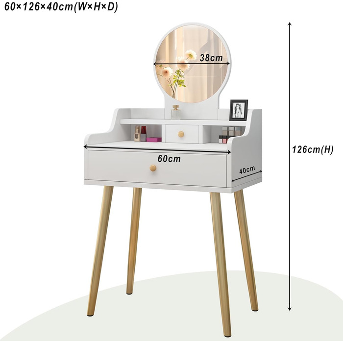 Дзеркальний туалетний столик DATO з LED-підсвічуванням, 3 режими кольору та регулюванням яскравості, з пуфом, 5 шухляд та 3 полиці, розсувний дзеркало (121)