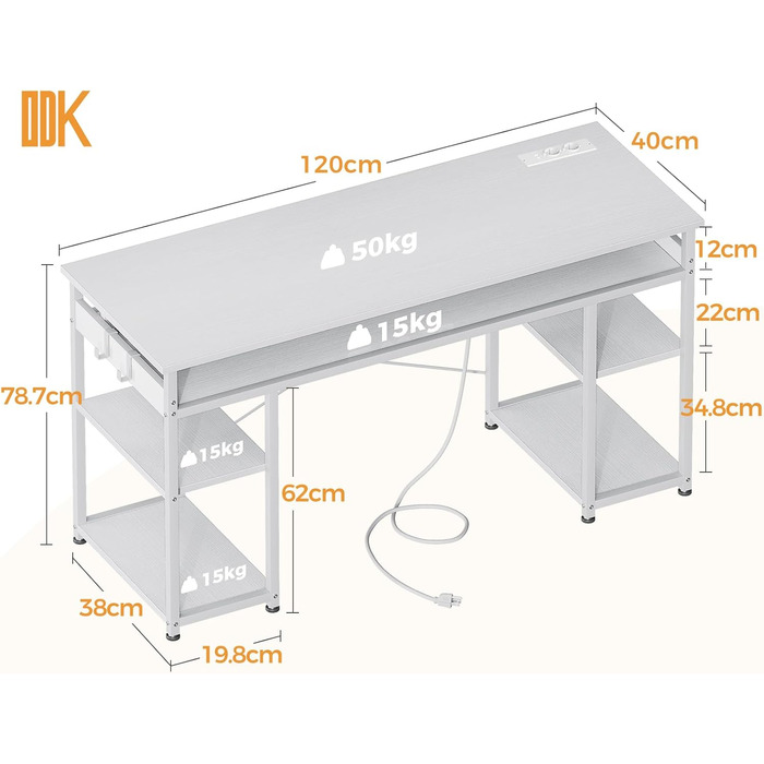 Стіл ODK з полицею, портом для зарядки USB, розетками, місцем для зберігання, 120x40x79см, білий
