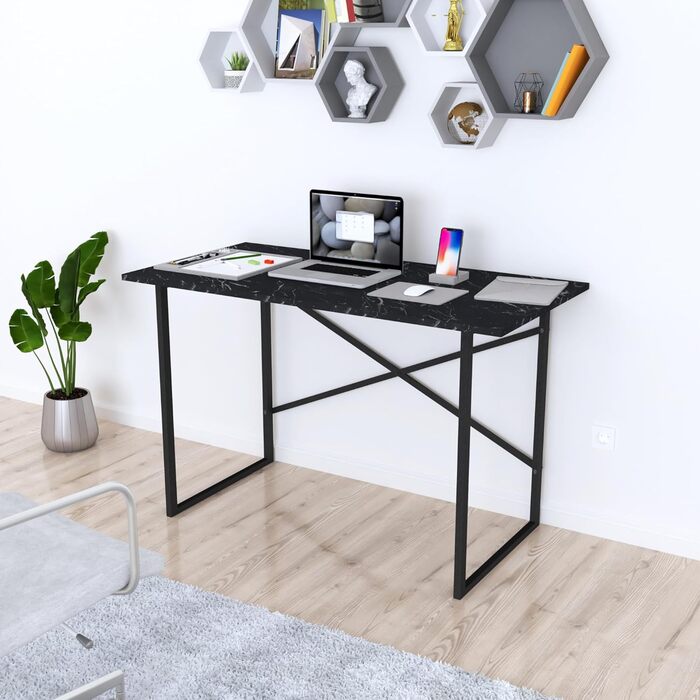 Письмовий стіл Tjeldsund Офісний стіл з металевим каркасом Робочий стіл для домашнього офісу Комп'ютерний стіл в промисловому дизайні (мармур, чорний, 120x60x75см)