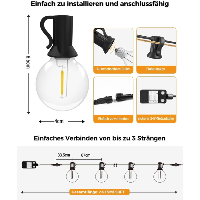 LED гірлянда для декорування саду та тераси, 15 метрів, тепле світло, G40, з таймером та димером, вологостійка