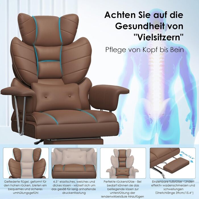 Ергономічне крісло для офісу з висувною підніжкою, регульоване по висоті, велика м'яка спинка, індивідуальна підтримка попереку, крісло для начальника з PU-шкіри, з підніжкою