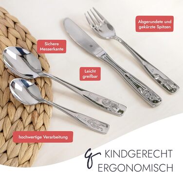 Дитячий столовий набір WMF Kinderbesteck з гравіюванням, нержавіюча сталь, 4 предмети, придатний для миття в посудомийній машині – подарунок на хрещення, подарунки на хрещення для дівчаток та хлопчиків, дитячий столовий набір з гравіюванням
