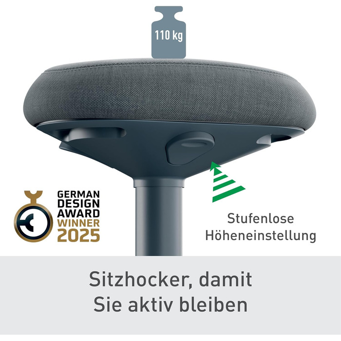 Офісний стілець Leitz Ergo Active з піною подвійної щільності, регульована висота 57-82 см, оббивка з переробленого матеріалу (до 110 кг), темно-сірий