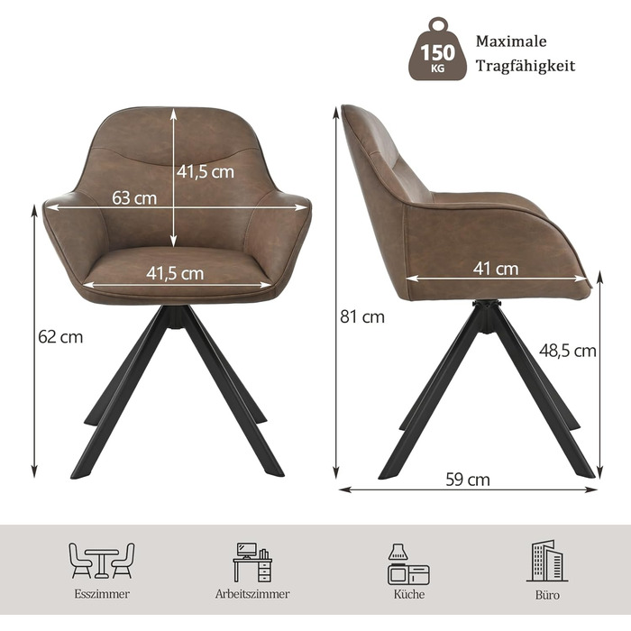 Обідній крісло з підлокітниками, набір з 6 обертових крісел, крісло для кухні, офісу, м'яке крісло з поліестеру та металевими ніжками, спинкою (6 шт., темно-коричневий)