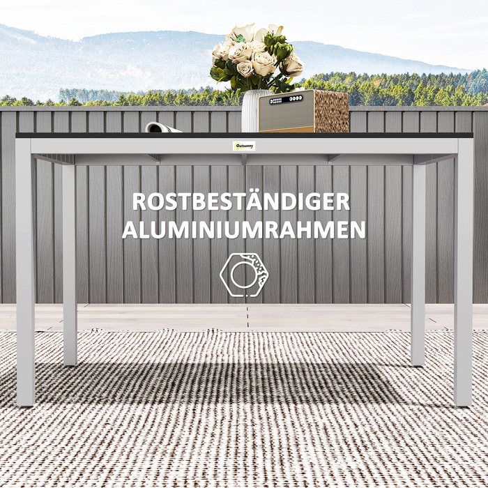 Outsunny Garden Table Алюміній 120x70 см Стійкий до погодних умов балконний стіл з ефектом дерева, Нековзний фуршетний стіл Кемпінговий стіл на 4-6 осіб Стіл для патіо Обідній стіл на відкритому повітрі для саду, балкон чорний