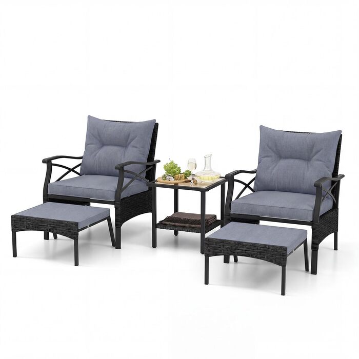 Садовий набір меблів COSTWAY з ротангу, 5 предметів: 2 крісла з подушками, пуф та стіл для балкона, тераси, саду (Чорний + Сірий)