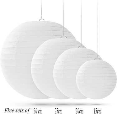 Паперові ліхтарики кремового кольору, 20 шт., круглі паперові ліхтарики, підвісні паперові ліхтарики, 15 см, 20 см, 25 см, 30 см, різних розмірів, світильник, абажур для весілля, святкування дня народження, саду (білий)