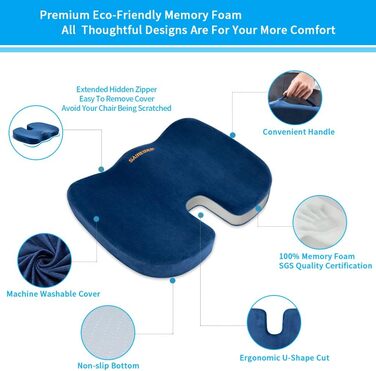 Подушка для офісного крісла Saireider, Memory Foam, для болю в куприку, для автомобіля, для ішіасу, підтримка правильної постави (Темно-синій)