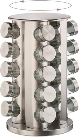 Карусель для спецій Relaxdays, 20 баночок, 40 етикеток, обертається на 360, шейкер з нержавіючої сталі, сріблястий, макс. 60 символів