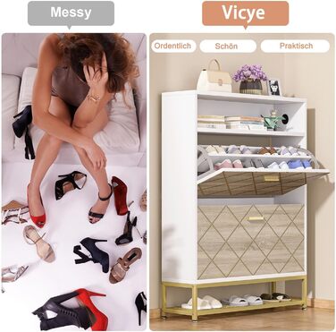 Взуттєва шафа Vicye з LED-підсвічуванням, на 24 пари, з відкидними полицями, металеві ніжки, для передпокою, вітальні, спальні, біла