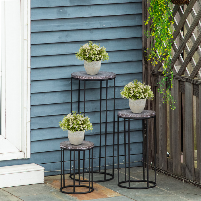 Набір з 3 металевих підставок для квітів, підставка для рослин з імітацією мармуру, табурети для квітів, тримачі для квіткових горщиків, стелажі для квітів, штабельовані табурети для квітів для горщиків, чорний+сірий