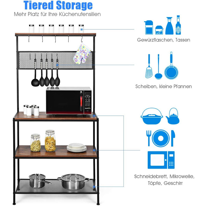 Кухонна полиця COSTWAY 3 яруси з 11 гачками, полиця для мікрохвильової печі Baker Полиця дерево метал 84x39x171см