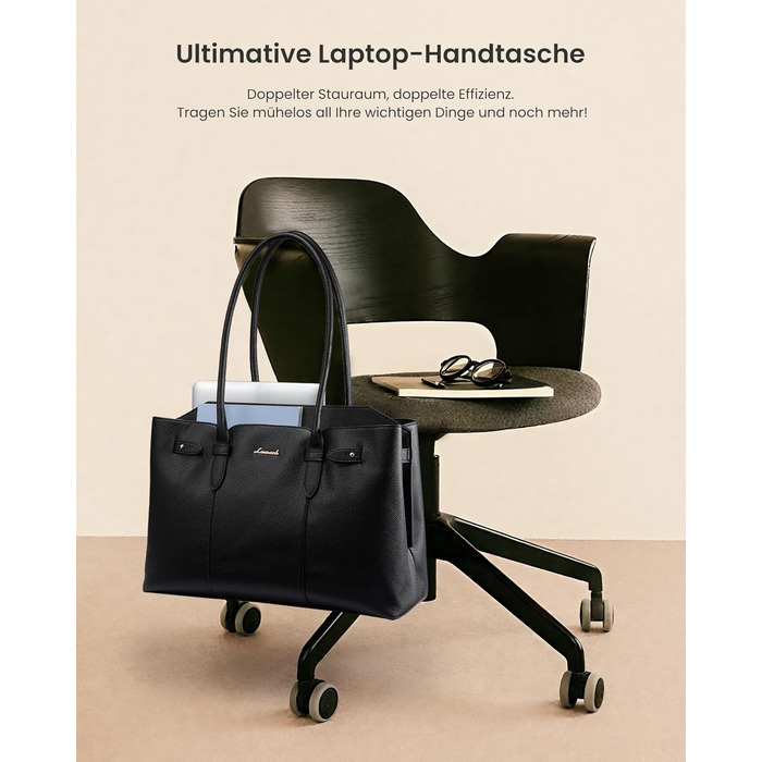 LOVEVOOK Сумка для ноутбука 15.6 дюймів, жіноча, велика, водонепроникна, шкіряна, для роботи, навчання, офісу, універсальна, чорна