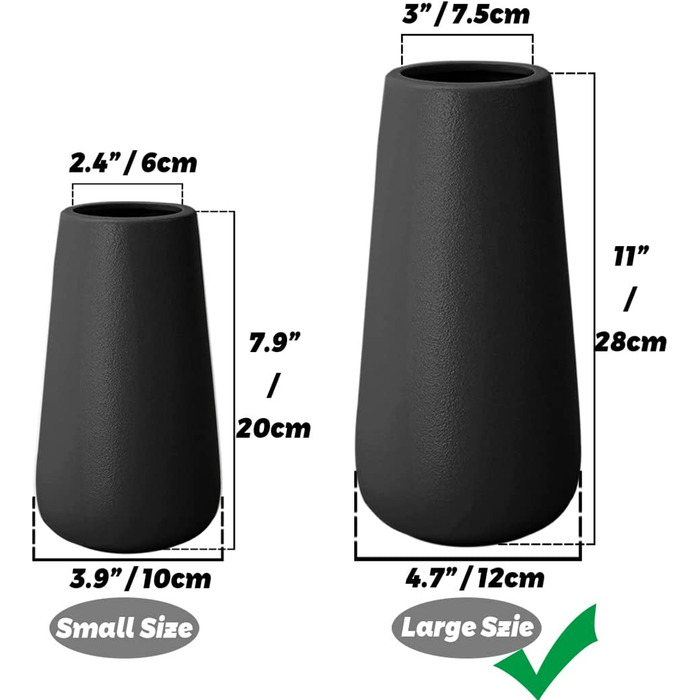 Ваза Біла вази для квітів Сучасні керамічні для прикраси столу в приміщенні, декоративні вази для пампасної трави (28 см заввишки, чорний матовий)