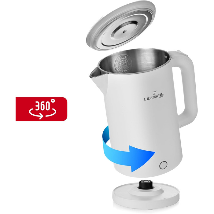 Електричний чайник Lehmann Edelstahl 1.7L, 2200W з подвійними стінками, автоматичне відключення, захист від перегріву, BPA-free, для дитячого харчування, чаю та кави (Білий)
