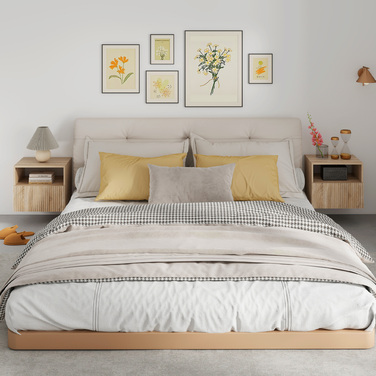 Приліжкова тумбочка з мінімалістичним дизайном без ручок, з відкритою полицею та висувним ящиком, для кріплення до стіни, у світло-коричневому кольорі.