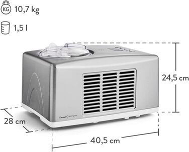 Електрична машина для приготування морозива Springlane 1.5 л з самоохолоджуючим компресором 150 Вт, з нержавіючої сталі з знімним контейнером для льоду, з рецептами (срібна)