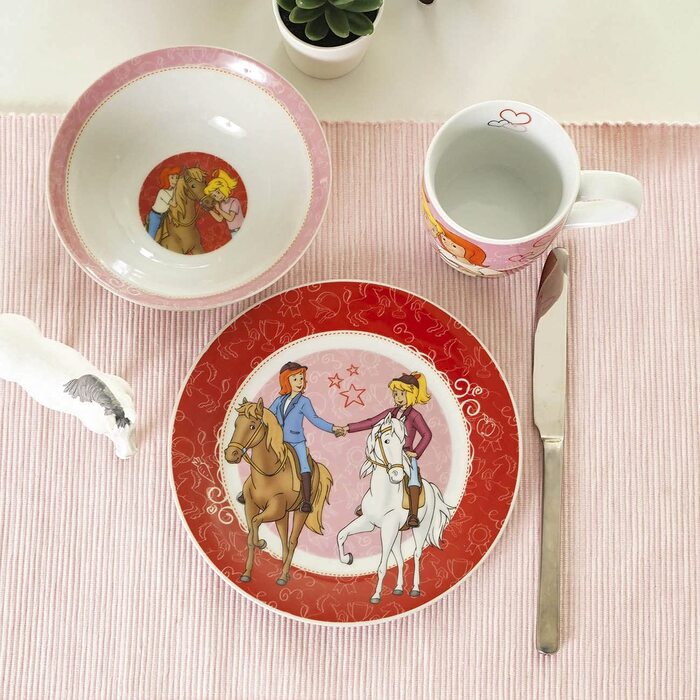 Дитячий посуд Бібі та Тіна, червоний, 3 шт., порцеляна: комплект посуду, тарілка, чашка, миска