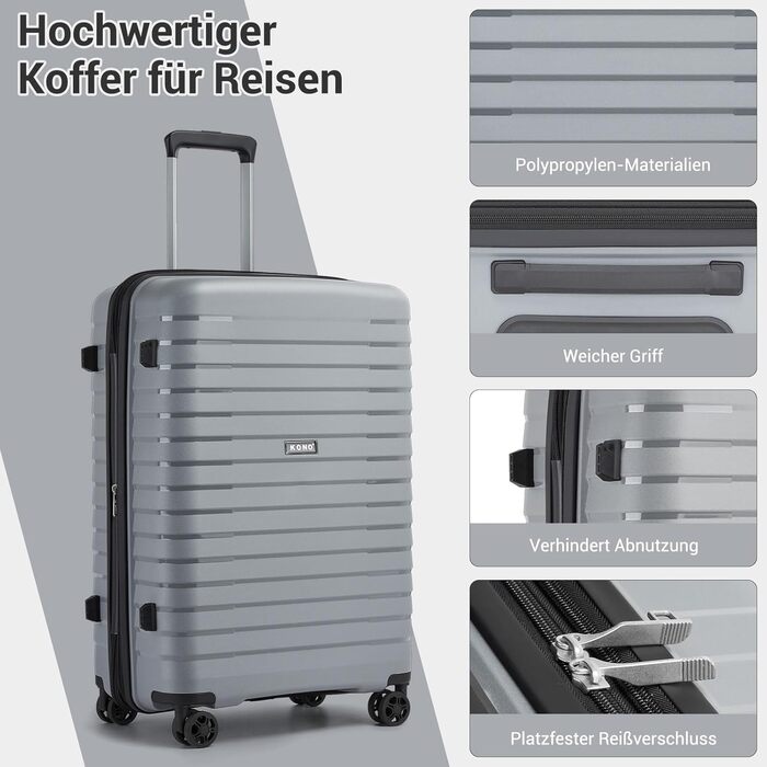 Чемодан KONO середнього розміру з жорстким корпусом, PP, з 4 колесами, розширюваний, легкий, з тримачем для напоїв та TSA замком (зелений, L)