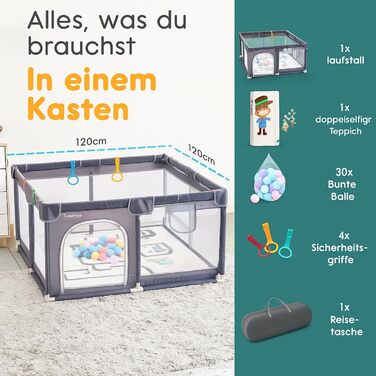 Дитячий манеж-ігровий центр з матрацом, басейн з кульками (50 кульок у комплекті) та 4 ручками для тримання. Розмір 124x124 см, дихаюча сітка, матеріал 210D Oxford, колір темно-сірий.