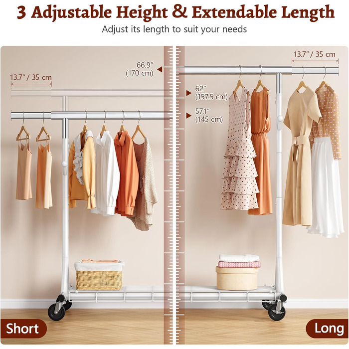 Стійка для одягу на колесах FAVOOOSTY, металева, мобільна, до 200 кг, швидка установка, білий колір, 1 перекладина