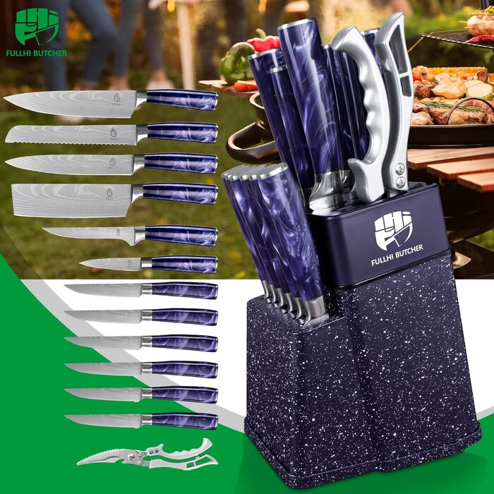 Набір кухонних ножів Fullhi 14 предметів з бруском та чохлом, набір кухонних ножів для приготування стейків, кольорова ручка (фіолетовий смоляний)