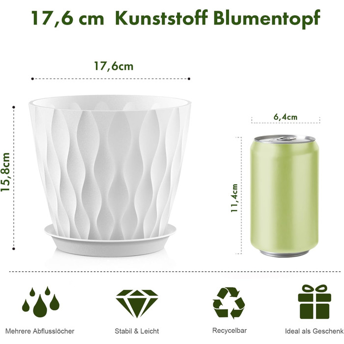 Набір горщиків для квітів 20 см, 5 шт. з підставкою та дренажними отворами, пластик, білий. Підходить для монстери, герані та інших кімнатних/садових рослин.