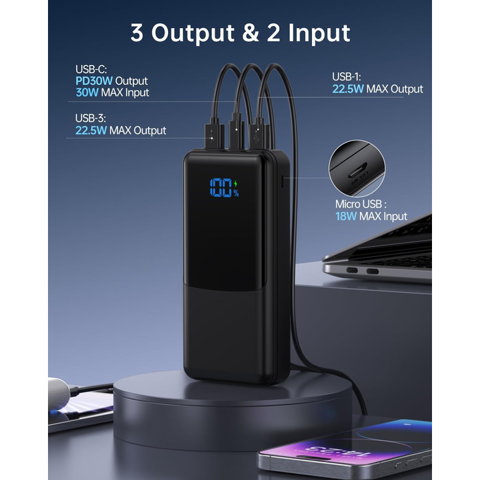 Повербанк Coblob 27000 мАг, швидка зарядка USB C 30 Вт, LED-дисплей, 3 виходи, 2 входи, чорний