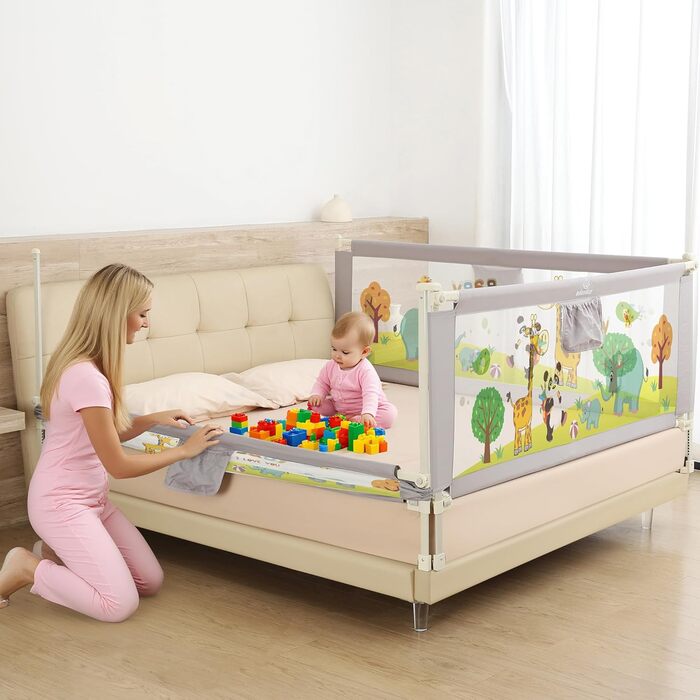 Бортики для ліжка дитячі 3 шт. (2x200 см + 1x180 см) складні, захист від випадання, малюнок 'Джунглі', для малюків та дітей