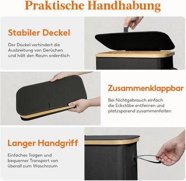 Кошик для білизни LifeWit з кришкою, вузький, складний, 75л, бамбук, з ручкою, чорний