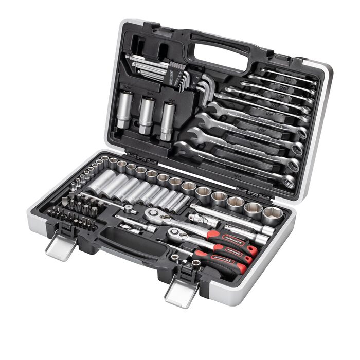 Набір інструментів Zoll 92 частини, з висувними бітотримачами для дюймових біт, тріскачкою з дрібним зубом, сталь Cr-V сіро-червоний