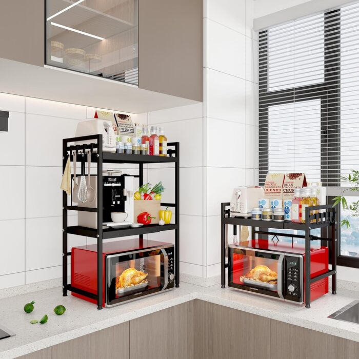 Регульована підставка для мікрохвильової печі, 2-рівнева розширювана, з вуглецевої сталі, з 8 гачками, чорна