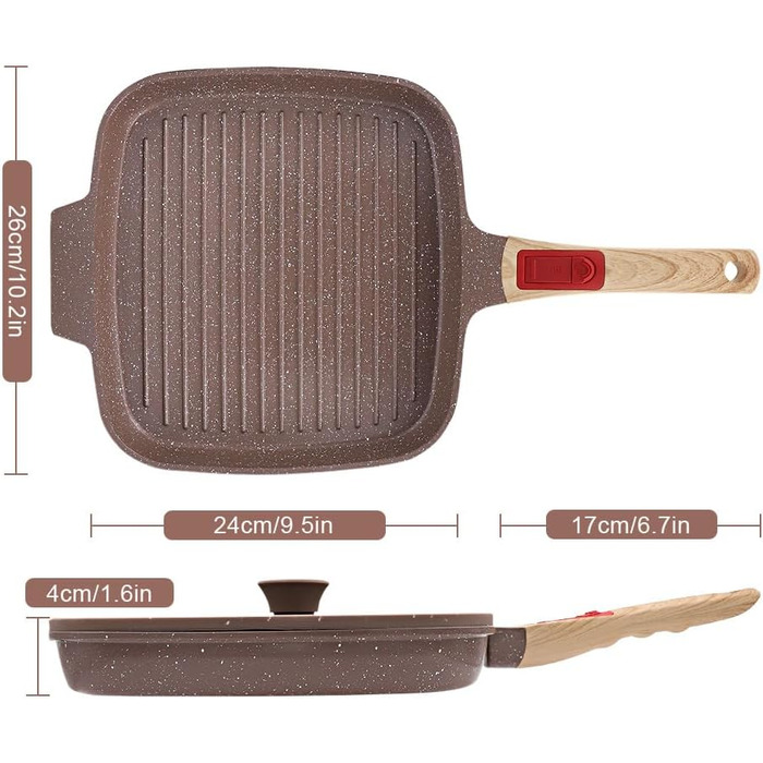 Гриль-сковорода з кришкою для індукційних плит 26 x 24 см, антипригарне покриття з кераміки, гриль-сковорода з знімним ручками, для всіх типів плит, коричнева