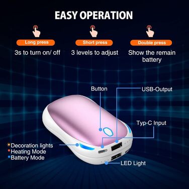 Електричний грієчка для рук 5000mAh 2 шт. - багаторазовий кишеньковий грієчка для активного відпочинку, зимовий подарунок для дітей, жінок та чоловіків, рожевий