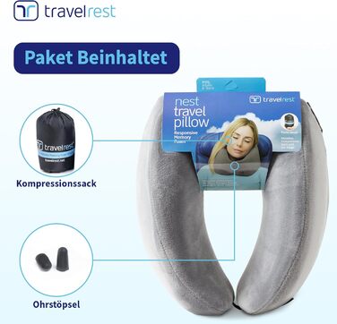 Подушка для шиї Travelrest Nest з Memory Foam - підтримка шиї для подорожей, літаків, довгих поїздок. Ідеально для дорослих, комфорт, знімний чохол - сіра