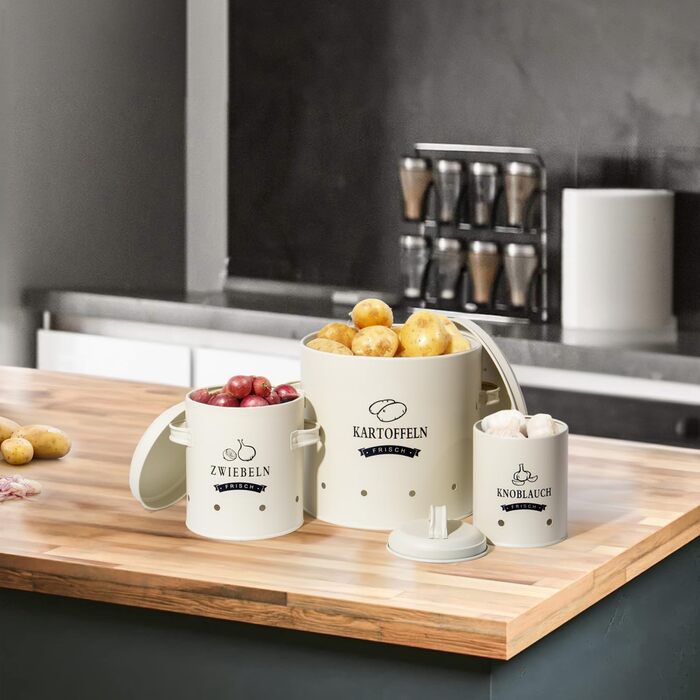 Набір контейнерів для картоплі Theo&Cleo, ретро дизайн, металевий контейнер для зберігання картоплі, кухове зберігання, бежевий колір