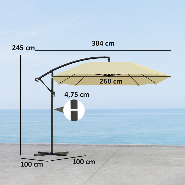 Outsunny Консольний парасоль Alu Ø 260 см Парасолька, водонепроникна Кривошипна парасолька з підставкою, кривошипом, захистом від вітру, поворотна Маркет Парасолька похила Садова парасолька Захист від сонця для балкона Сад Патіо Бежевий