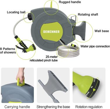 DEWINNER Шланг для саду на котушці 20+2 м, автоматичний, для кріплення на стіну, з ручною пістолетом, для поливу великих садів