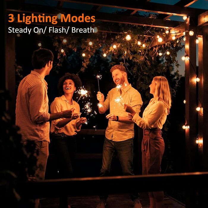 Ланцюжок прикрас для зовнішнього використання з таймером, 15 м LED-ланцюжок живлення на вулиці з 25+2 G40 лампочками, 4 режими та регульована яскравість. Водостійкий гірлянда для саду, балкону, тераси, вечірки, весілля (тепле біле світло)