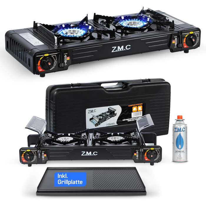 Преміум туристичний газовий набір ZMC: 2-конфортний газовий нагрівач 2,5 кВт з Piezo-запалюванням та валіза для транспортування | Для кемпінгу, балкону та дому | Включає гриль-плиту 45×24 см та газові картриджі 227г
